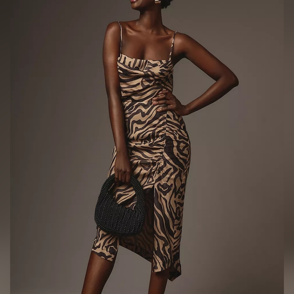 Anthropologie Sleeveless Draped-Back Asymmetric Slip Midi Dress - Brown Motif